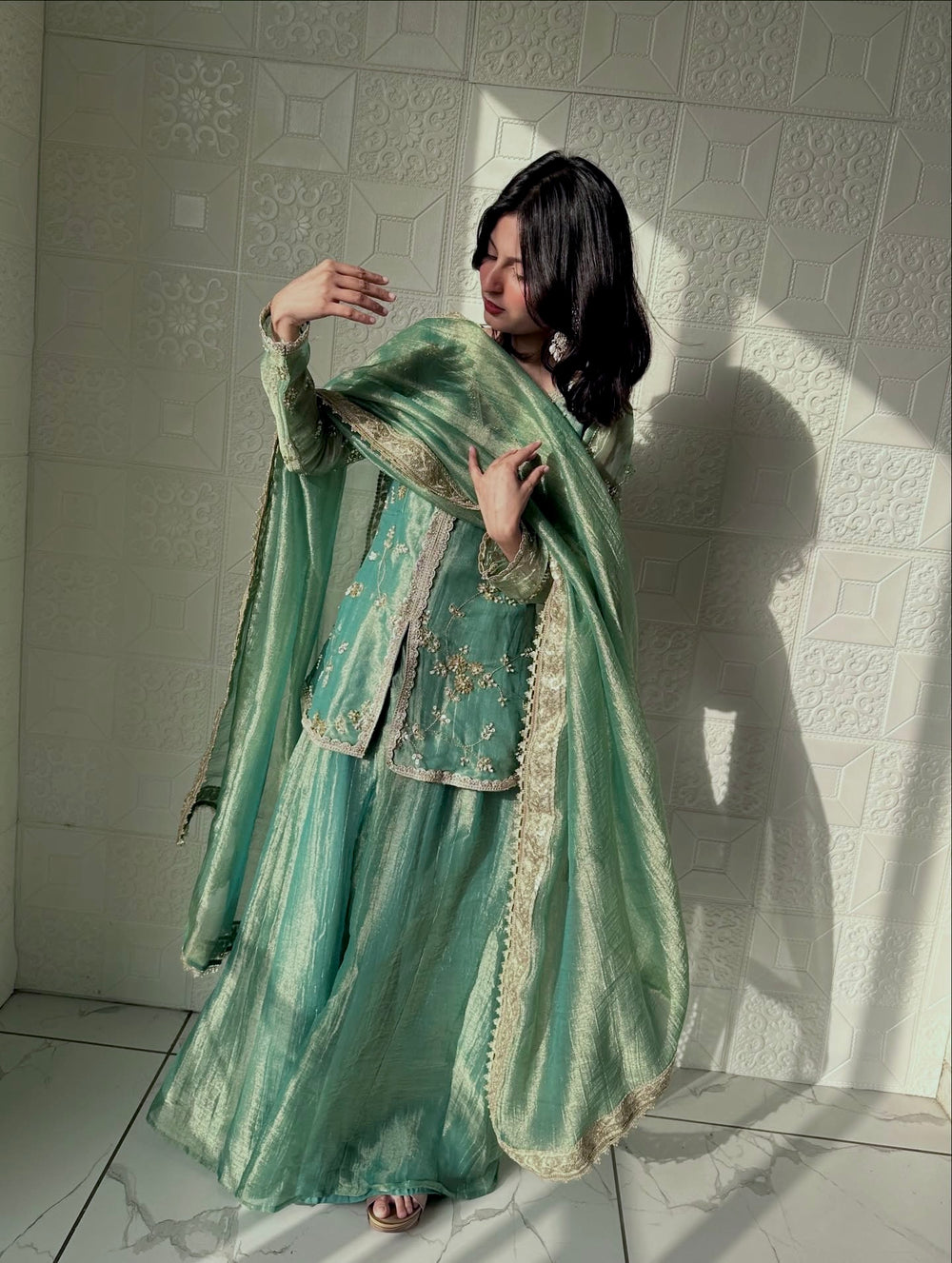 Sea Green Fendi Silk Short Kurta Palazzo Set, view 5