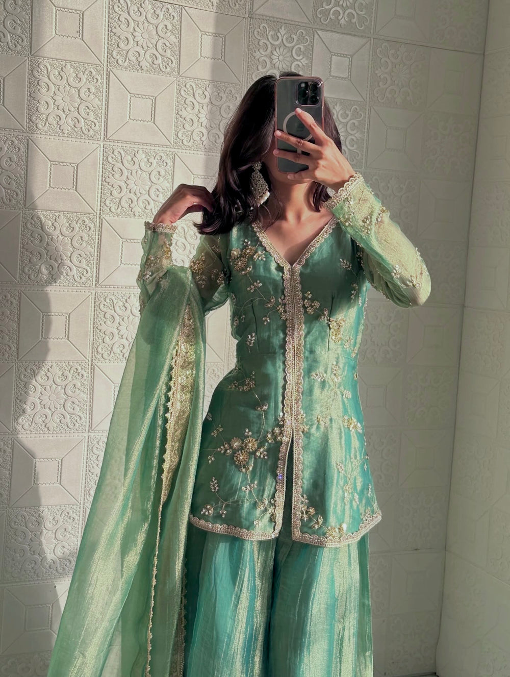 Sea Green Fendi Silk Short Kurta Palazzo Set, view 2