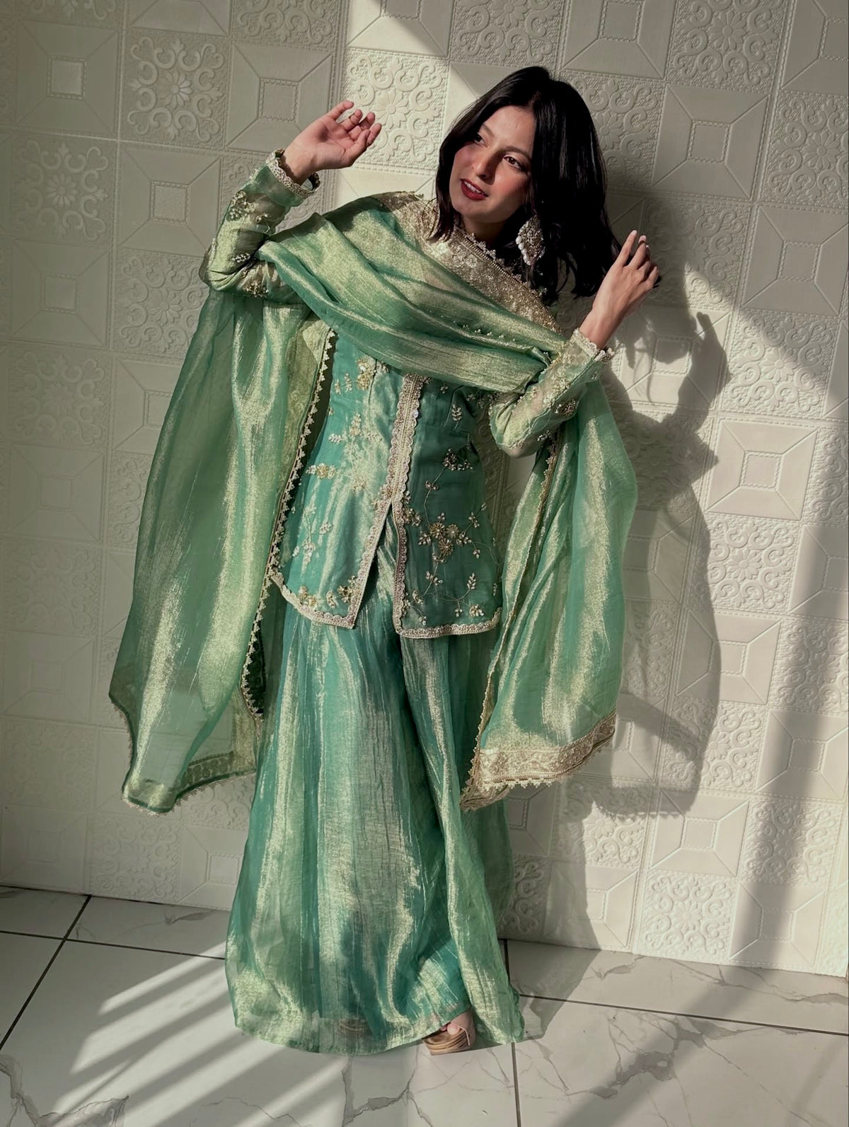 Sea Green Fendi Silk Short Kurta Palazzo Set, view 3