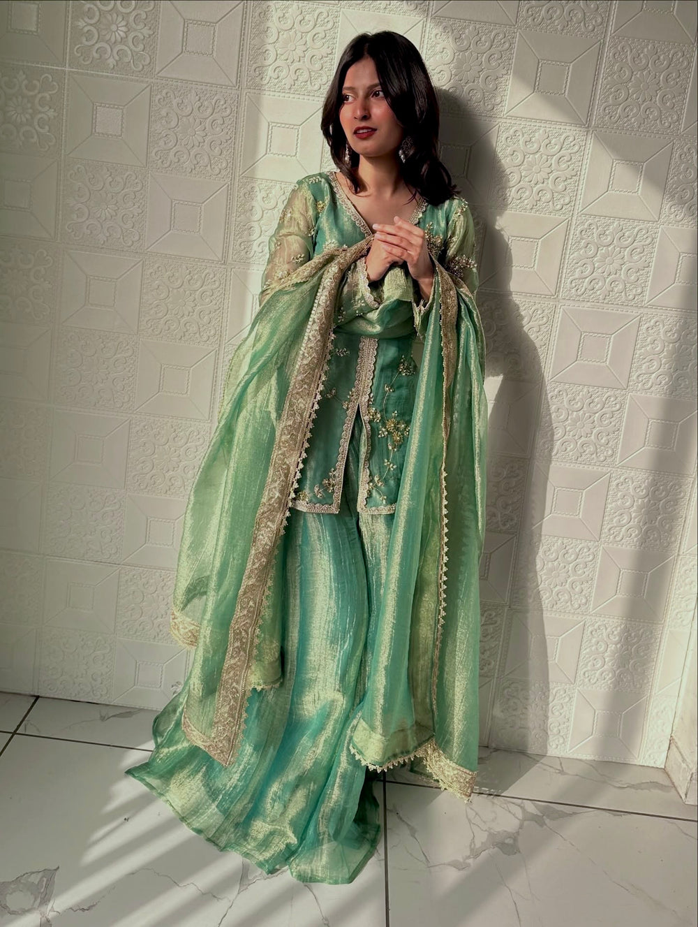 Sea Green Fendi Silk Short Kurta Palazzo Set, view 4