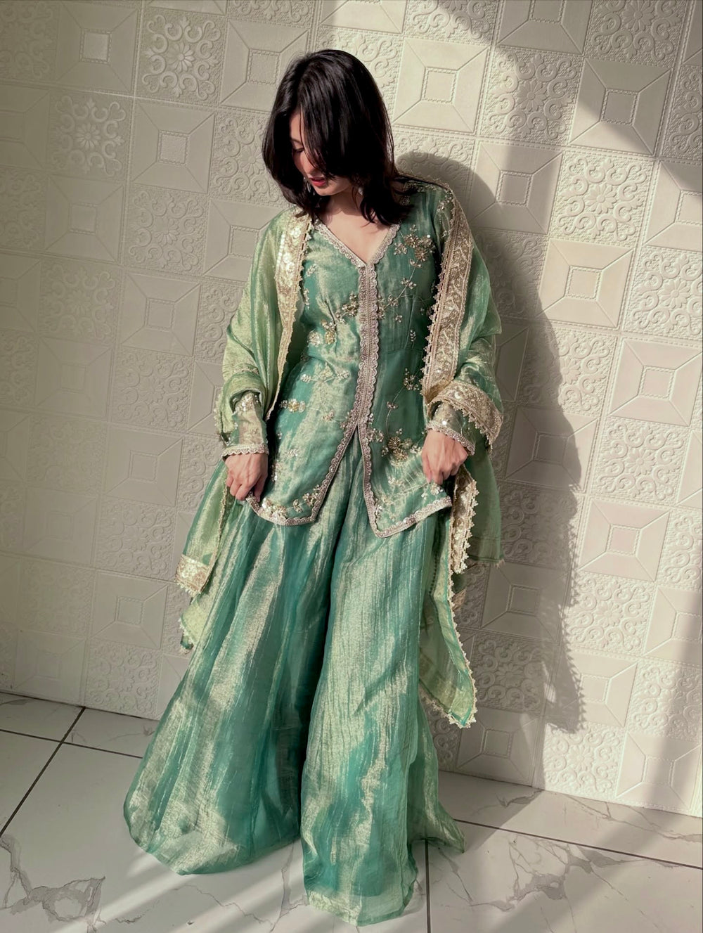 Sea Green Fendi Silk Short Kurta Palazzo Set, view 6