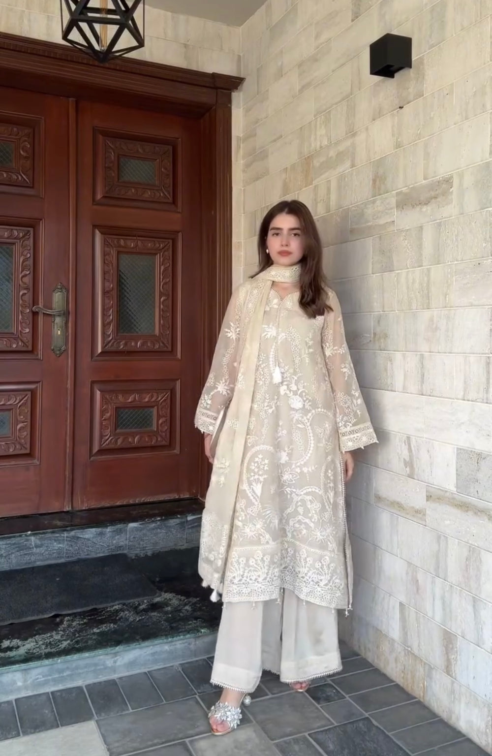 Cream Faux Georgette Kurta Palazzo Set