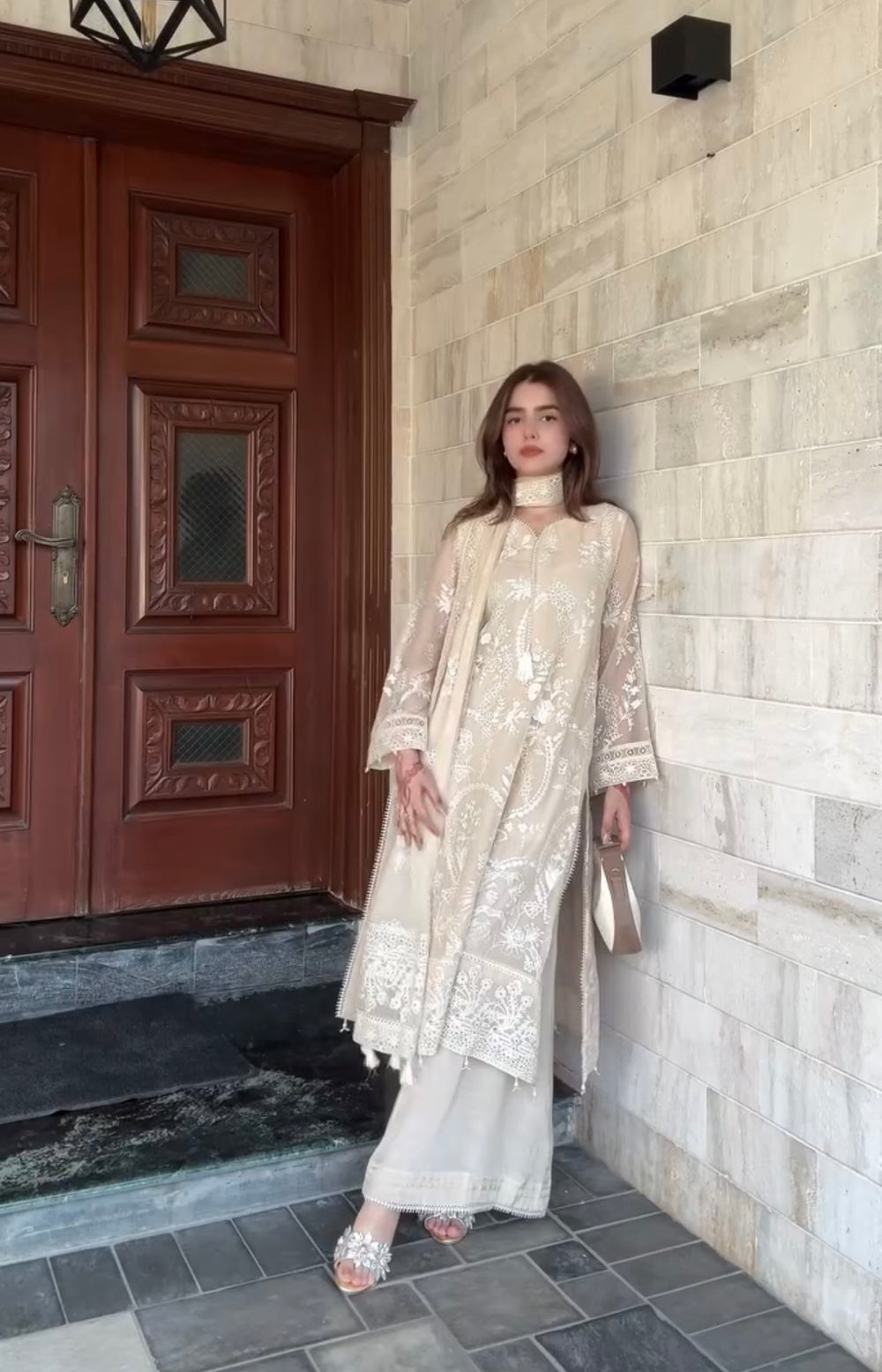 Cream Faux Georgette Kurta Palazzo Set, view 3