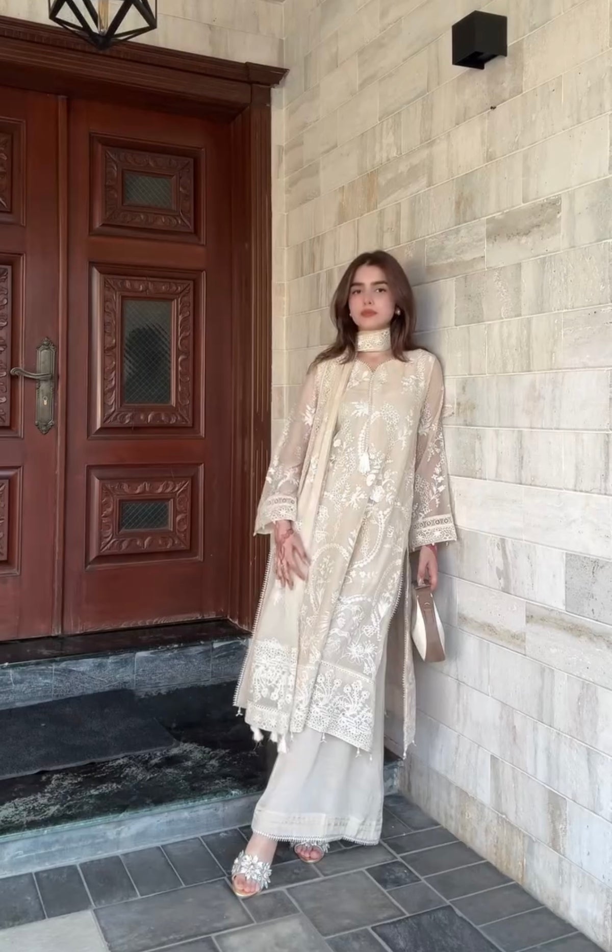 Cream Faux Georgette Kurta Palazzo Set, view 3