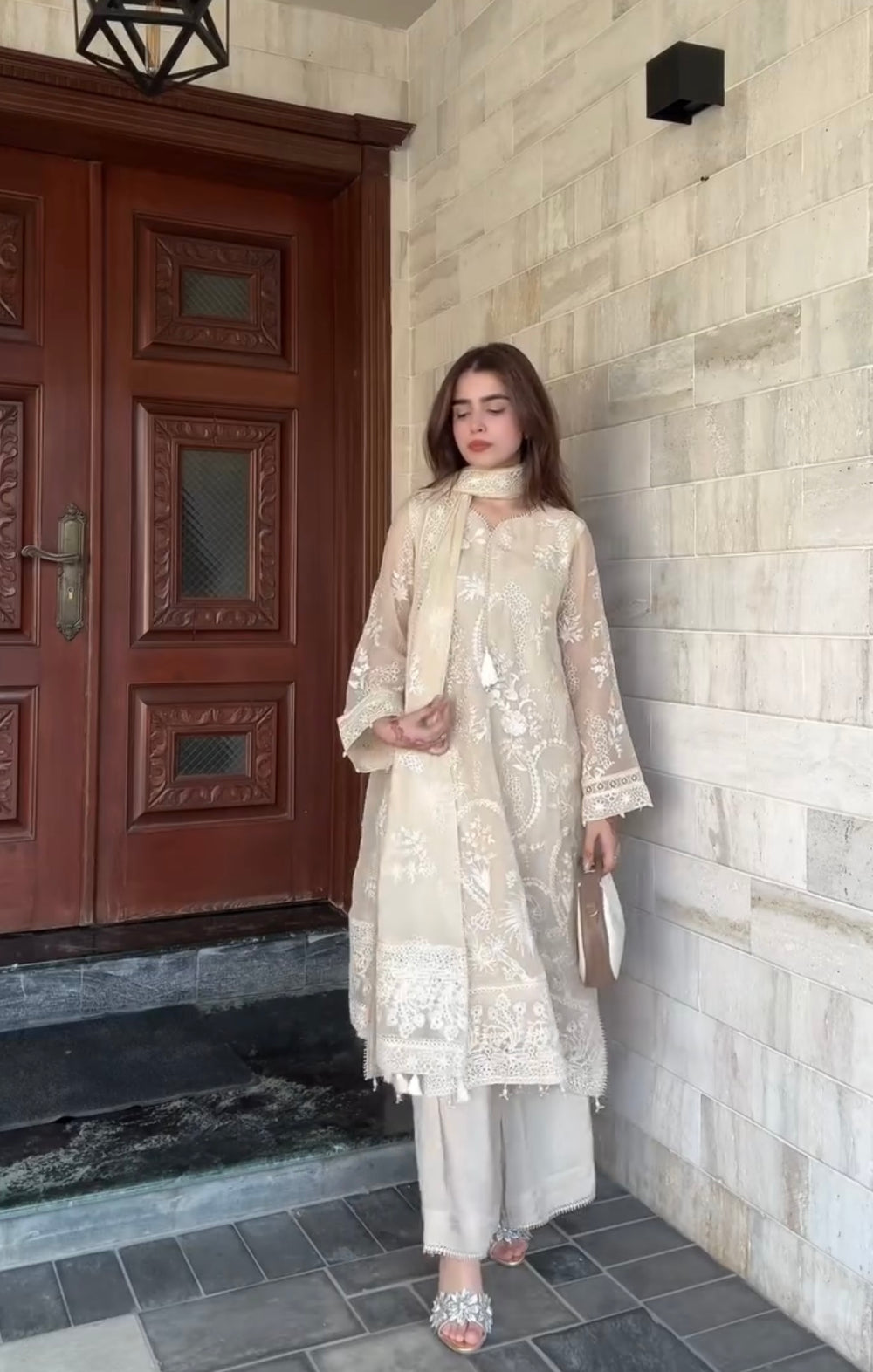 Cream Faux Georgette Kurta Palazzo Set, view 2