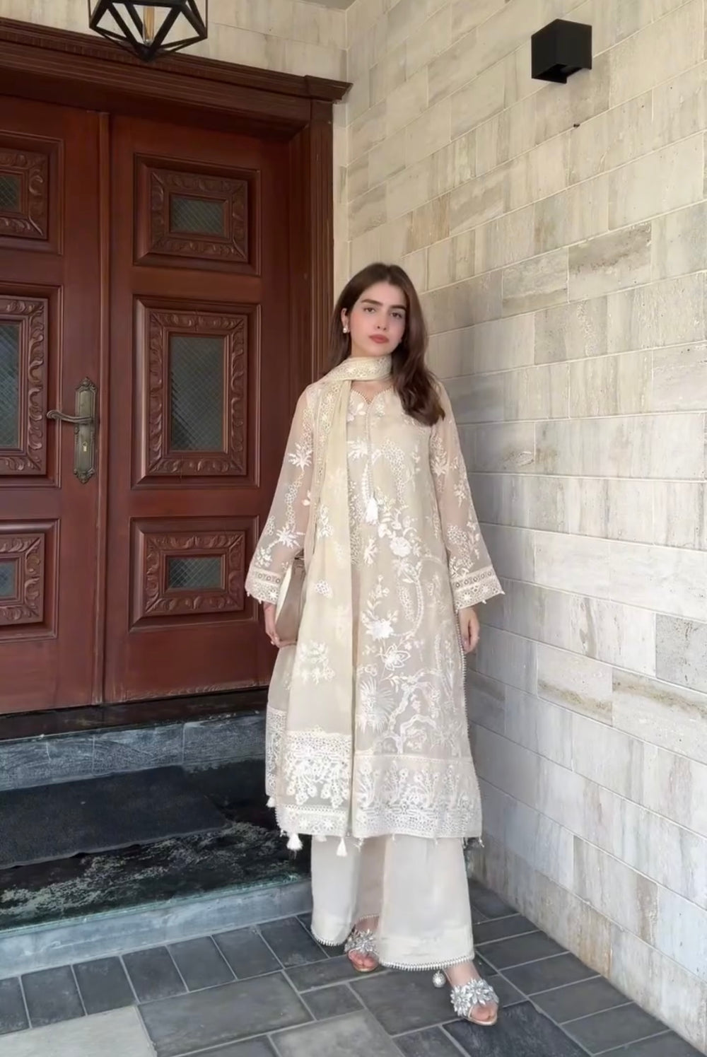 Cream Faux Georgette Kurta Palazzo Set, view 4