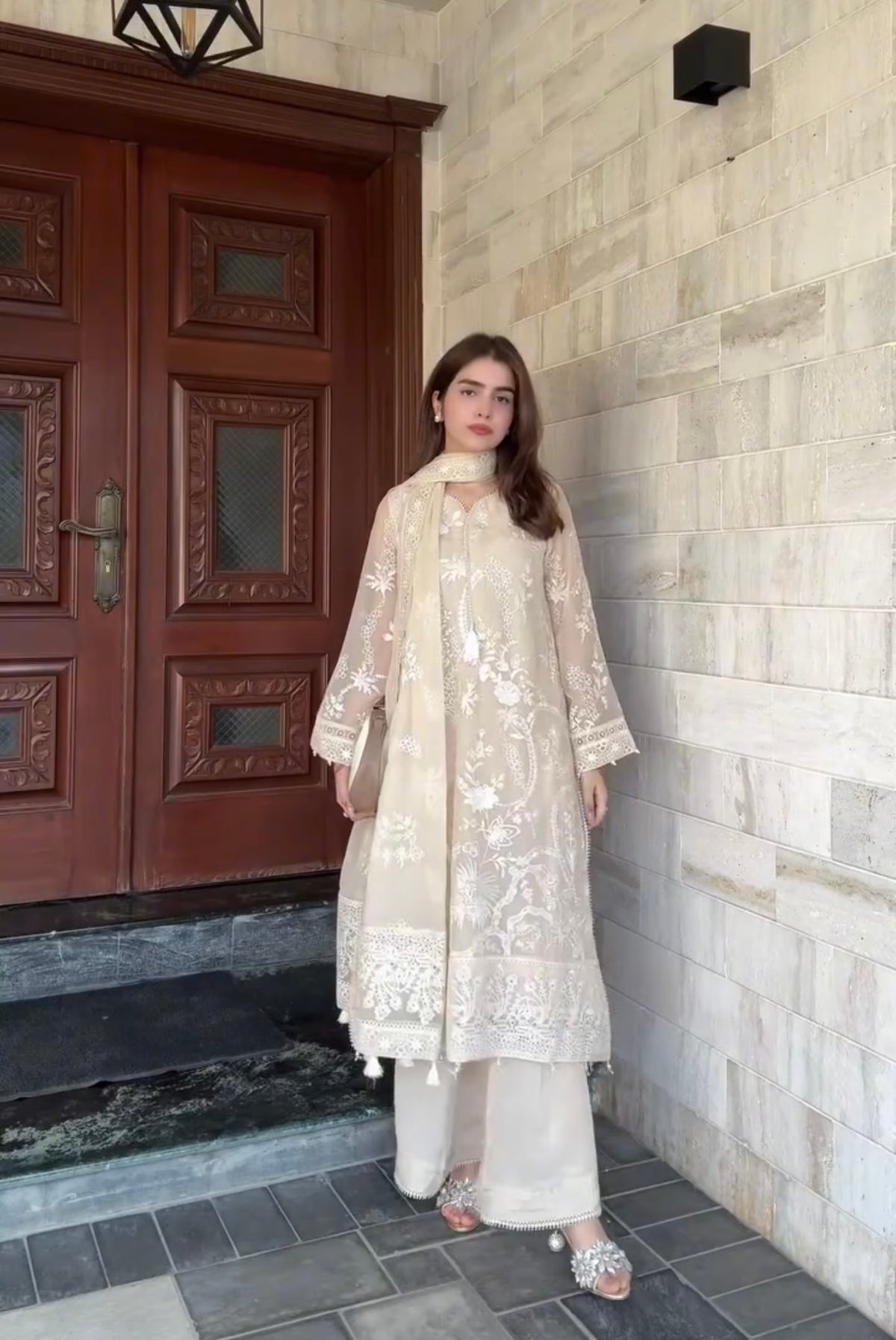 Cream Faux Georgette Kurta Palazzo Set, view 4
