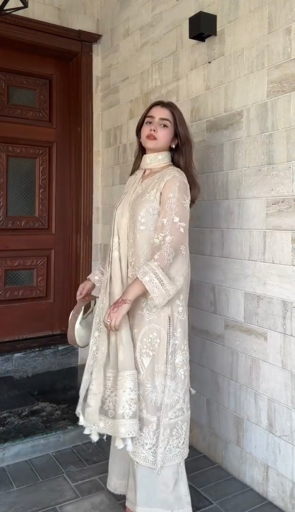 Cream Faux Georgette Kurta Palazzo Set, view 5
