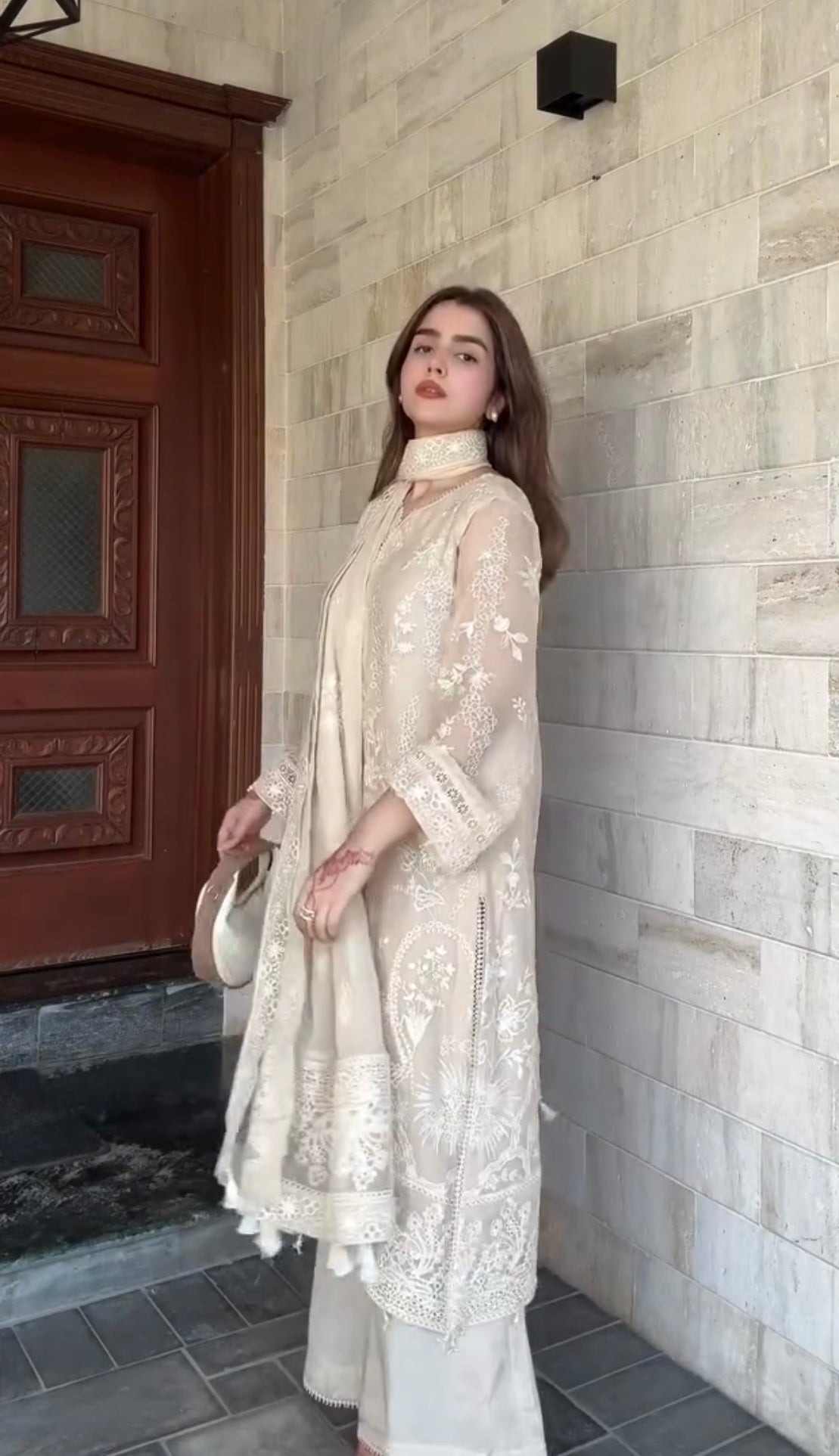 Cream Faux Georgette Kurta Palazzo Set, view 5