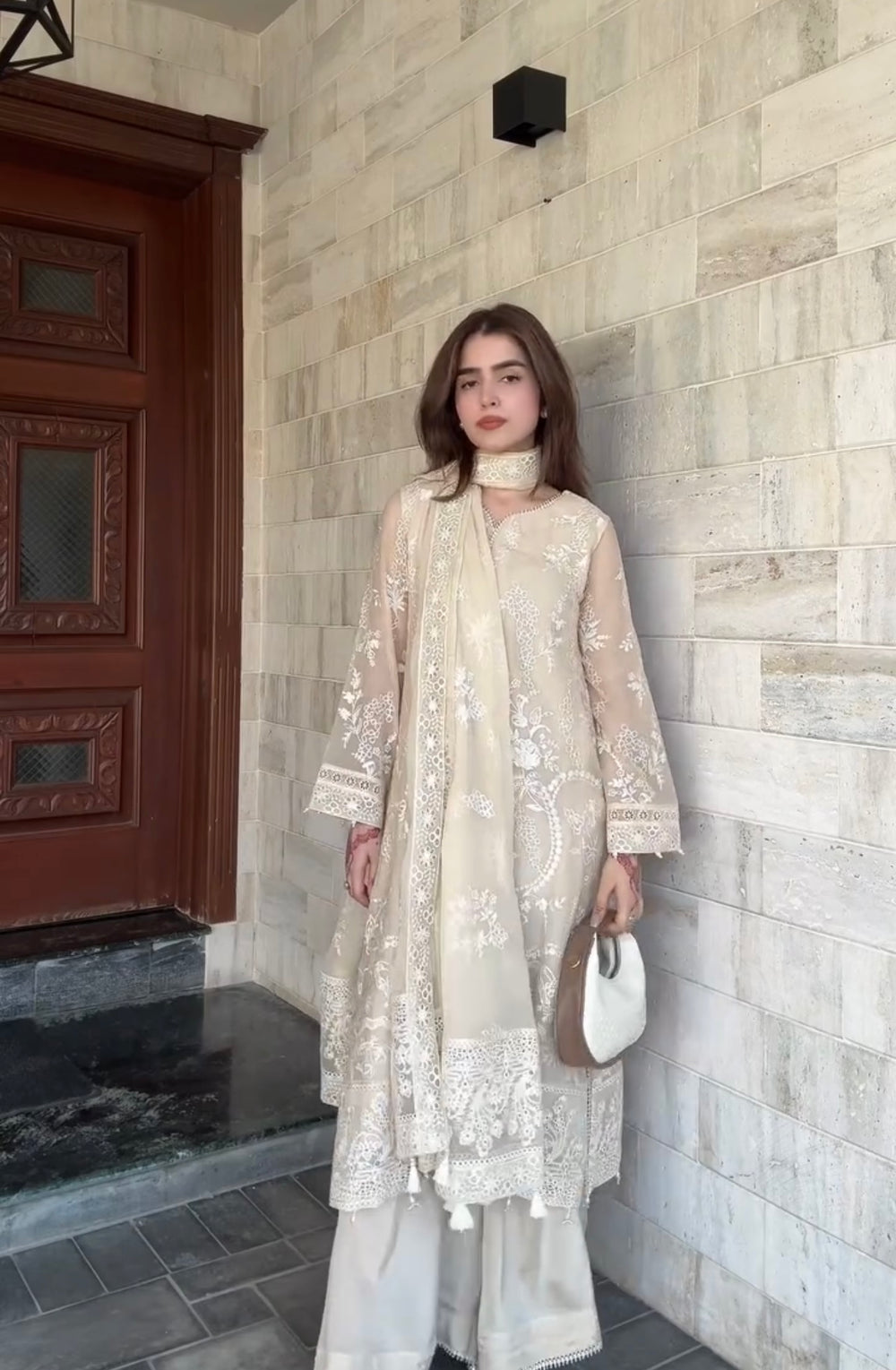 Cream Faux Georgette Kurta Palazzo Set, view 6
