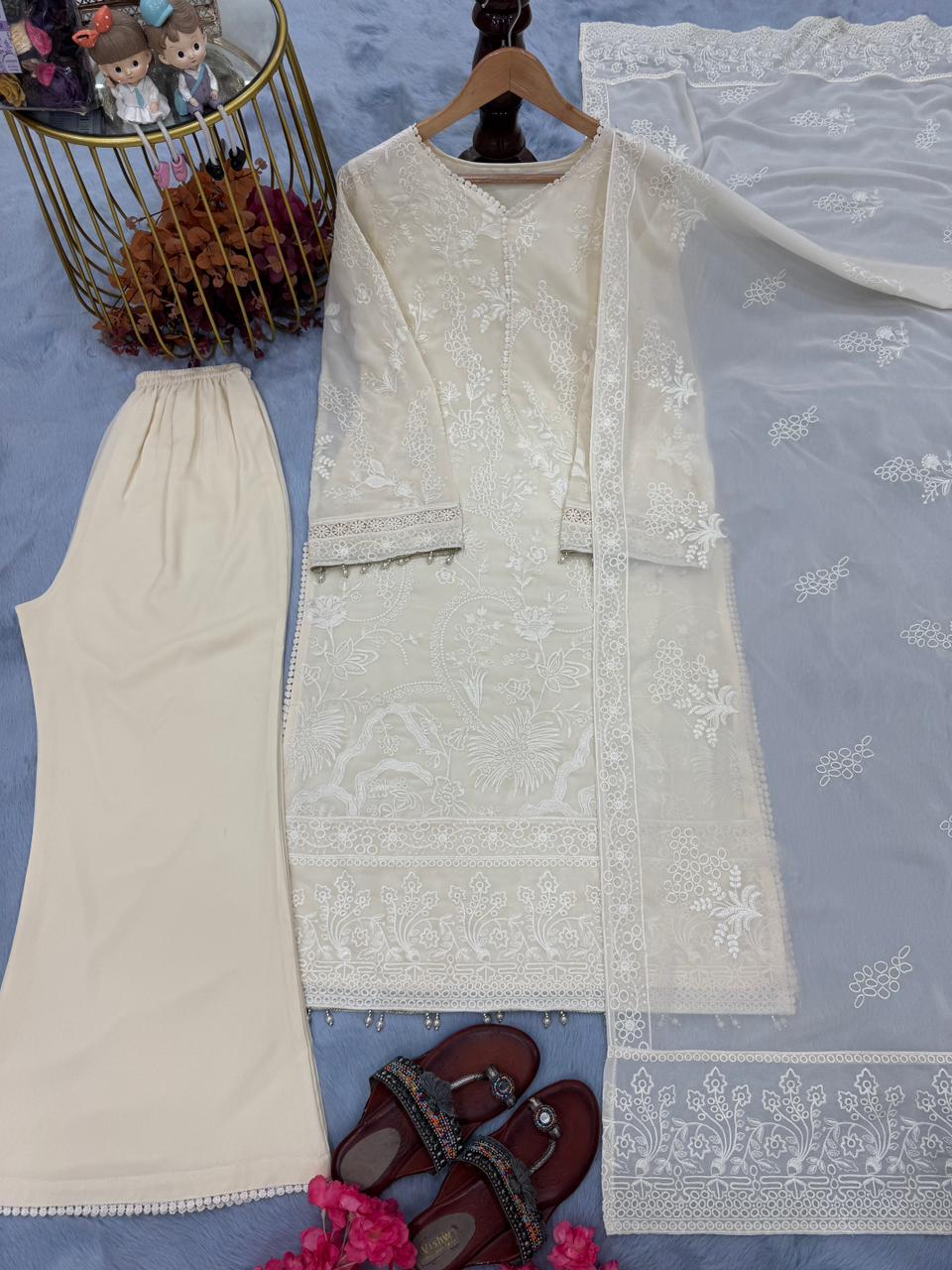 Cream Faux Georgette Kurta Palazzo Set, view 10