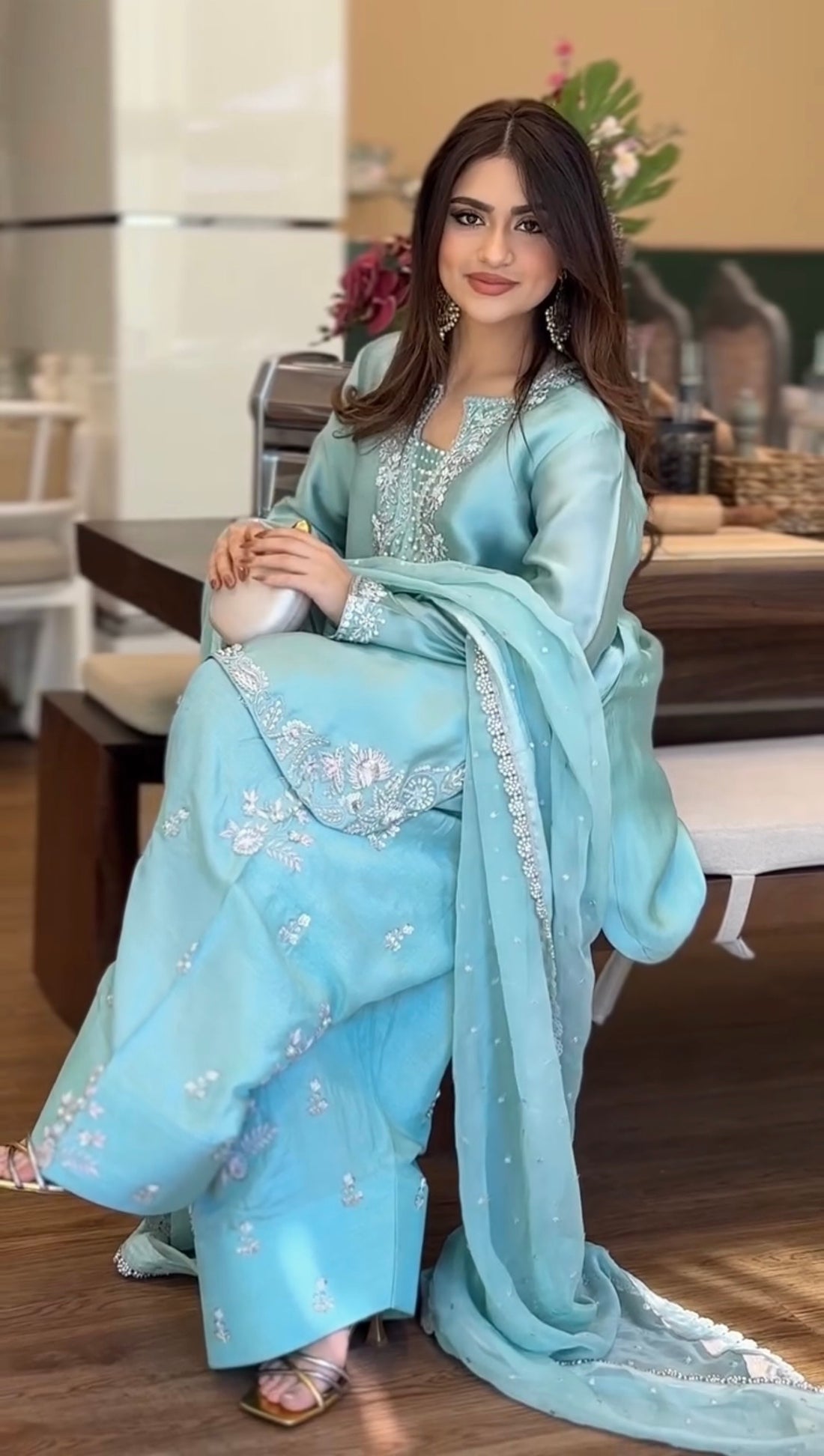 Sky Blue Glass Satin Farshi Palazzo Set