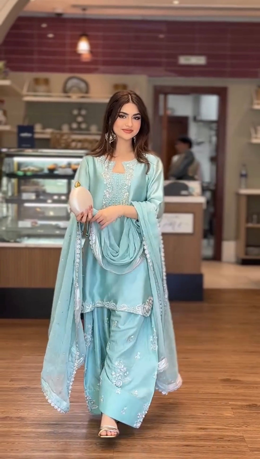 Sky Blue Glass Satin Farshi Palazzo Set