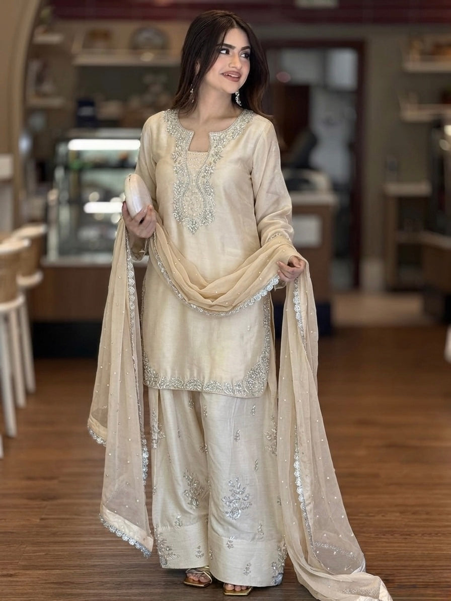Cream Glass Satin Farshi Palazzo Set