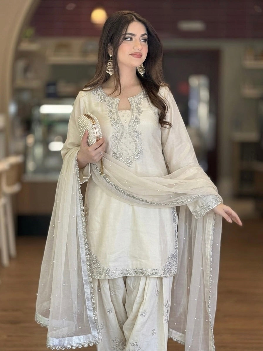 Cream Glass Satin Farshi Palazzo Set