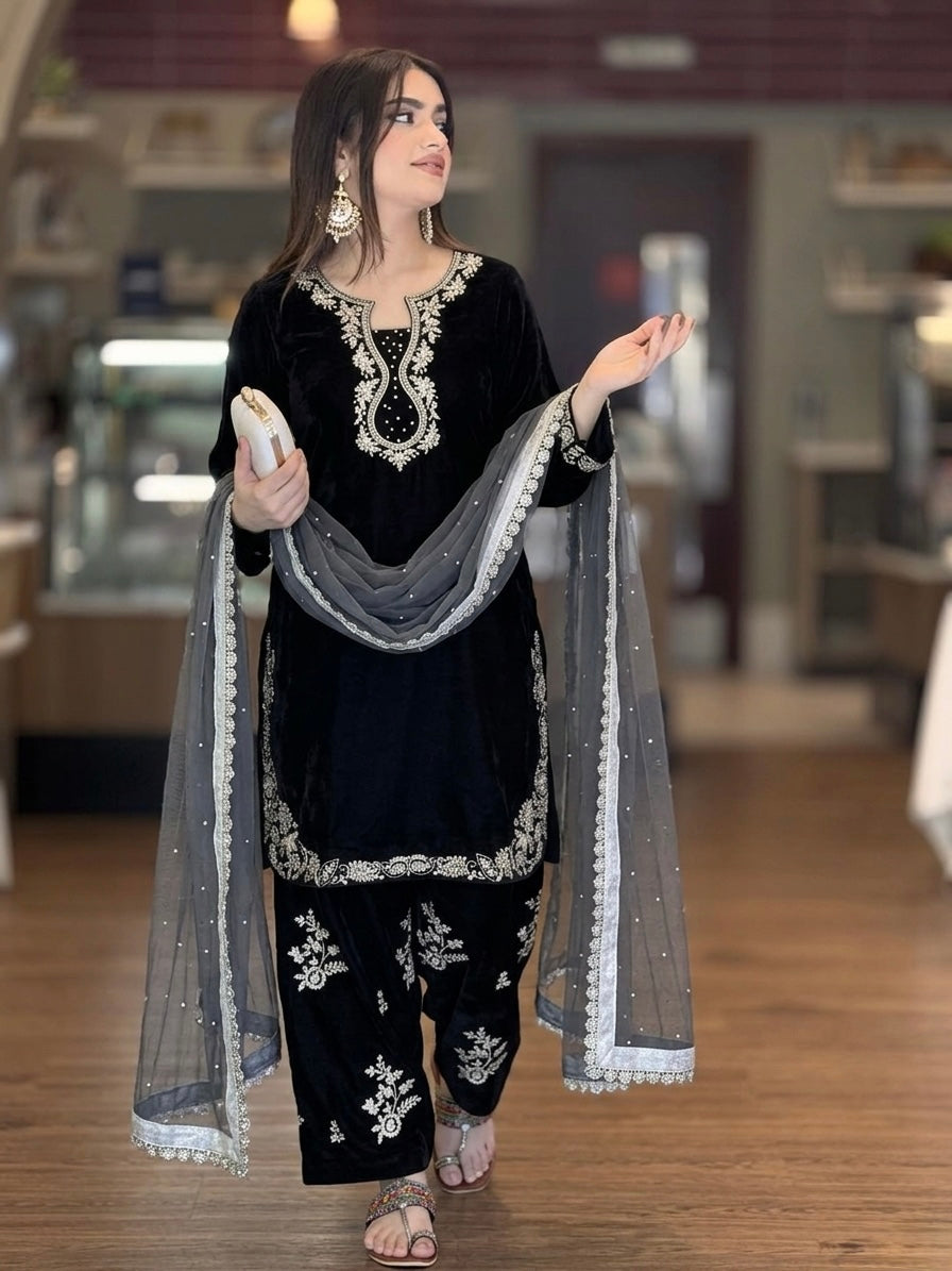 Black Glass Satin Farshi Palazzo Set