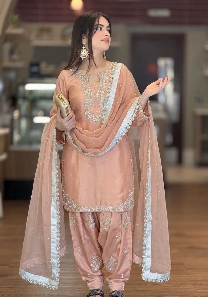Peach Glass Satin Farshi Palazzo Set
