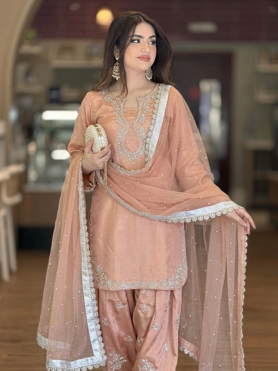 Peach Glass Satin Farshi Palazzo Set