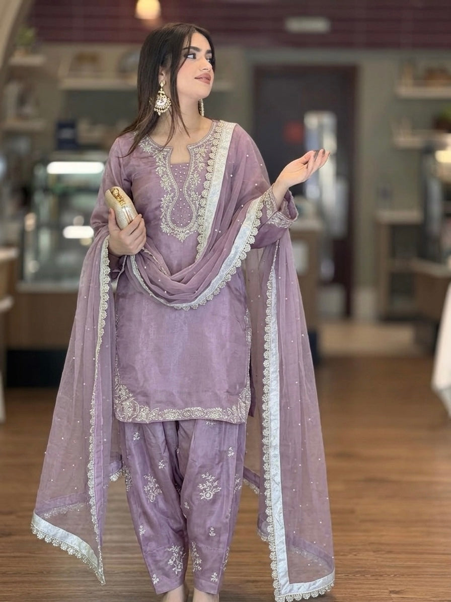 Lavender Glass Satin Farshi Palazzo Set