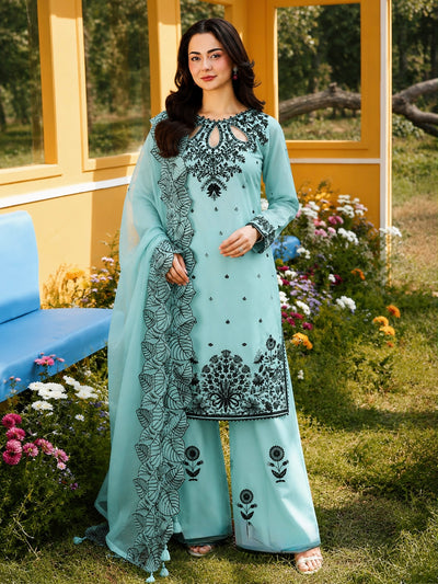 Sky Blue Satin Kurta Set with Organza Dupatta