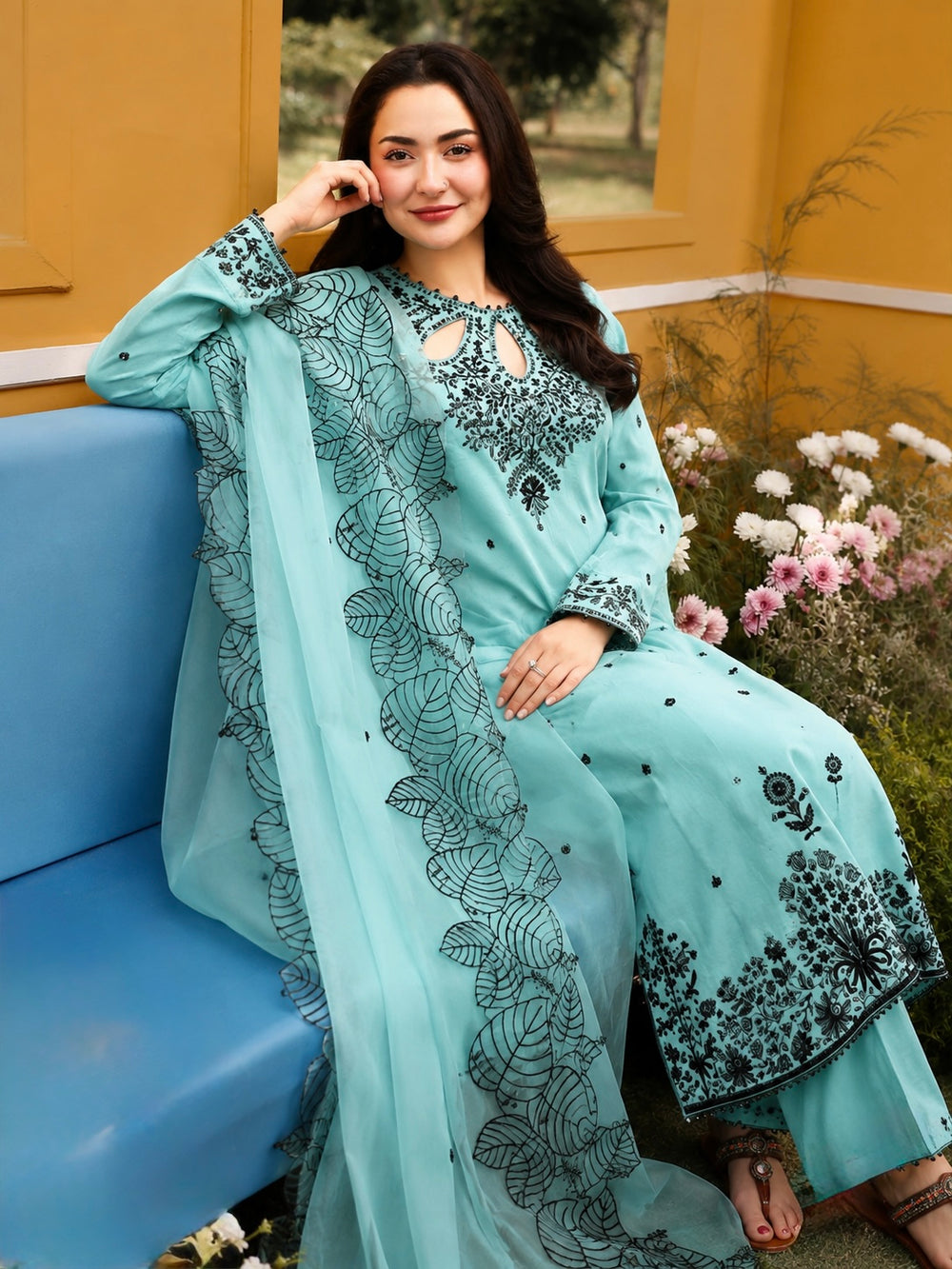 Sky Blue Satin Kurta Set with Organza Dupatta, view 2