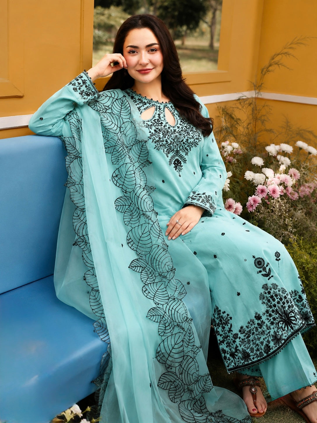 Sky Blue Satin Kurta Set with Organza Dupatta