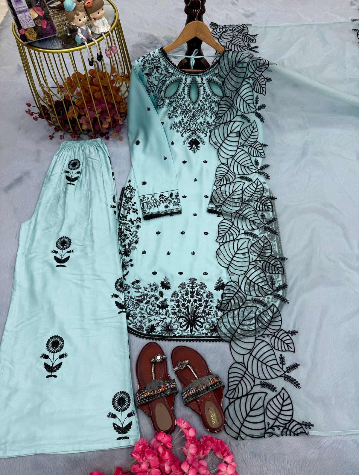 Sky Blue Satin Kurta Set with Organza Dupatta, view 4