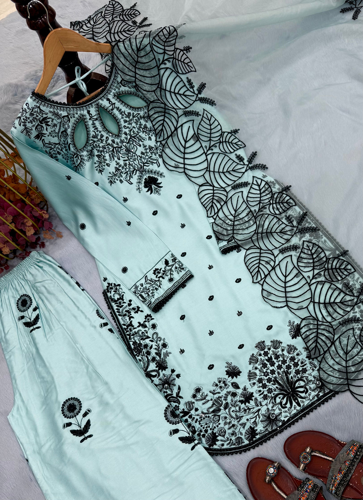 Sky Blue Satin Kurta Set with Organza Dupatta, view 5