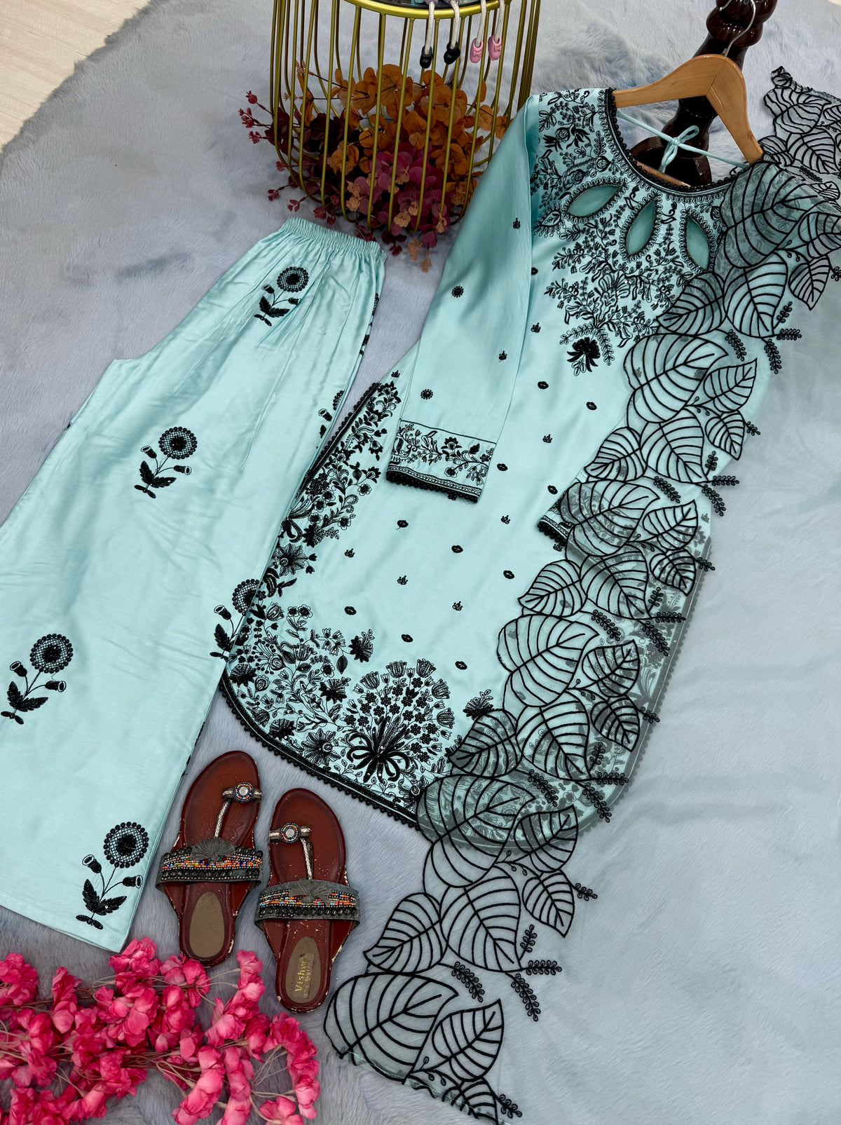 Sky Blue Satin Kurta Set with Organza Dupatta, view 6