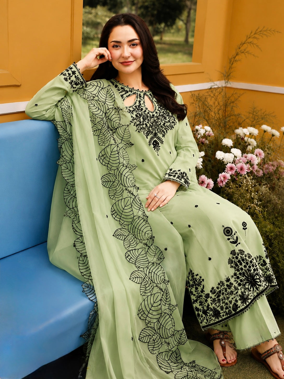 Mint Green Satin Kurta Set with Organza Dupatta, view 2