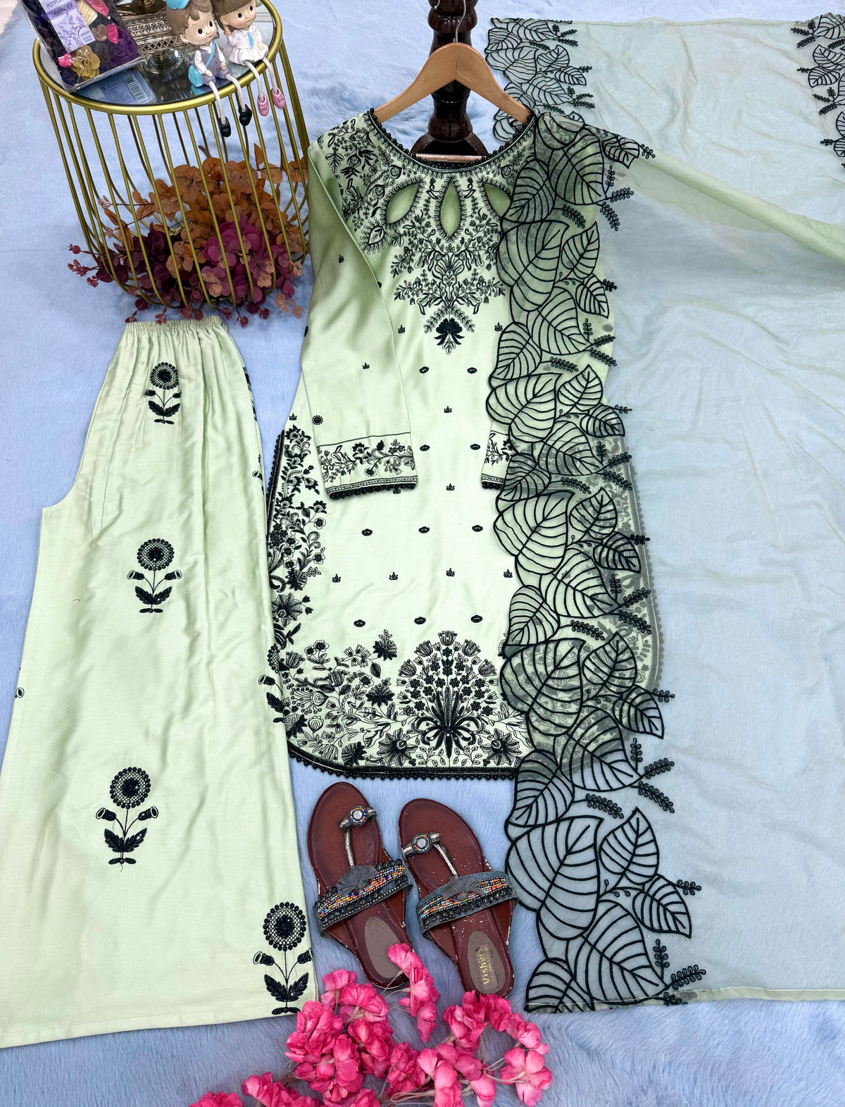 Mint Green Satin Kurta Set with Organza Dupatta, view 4