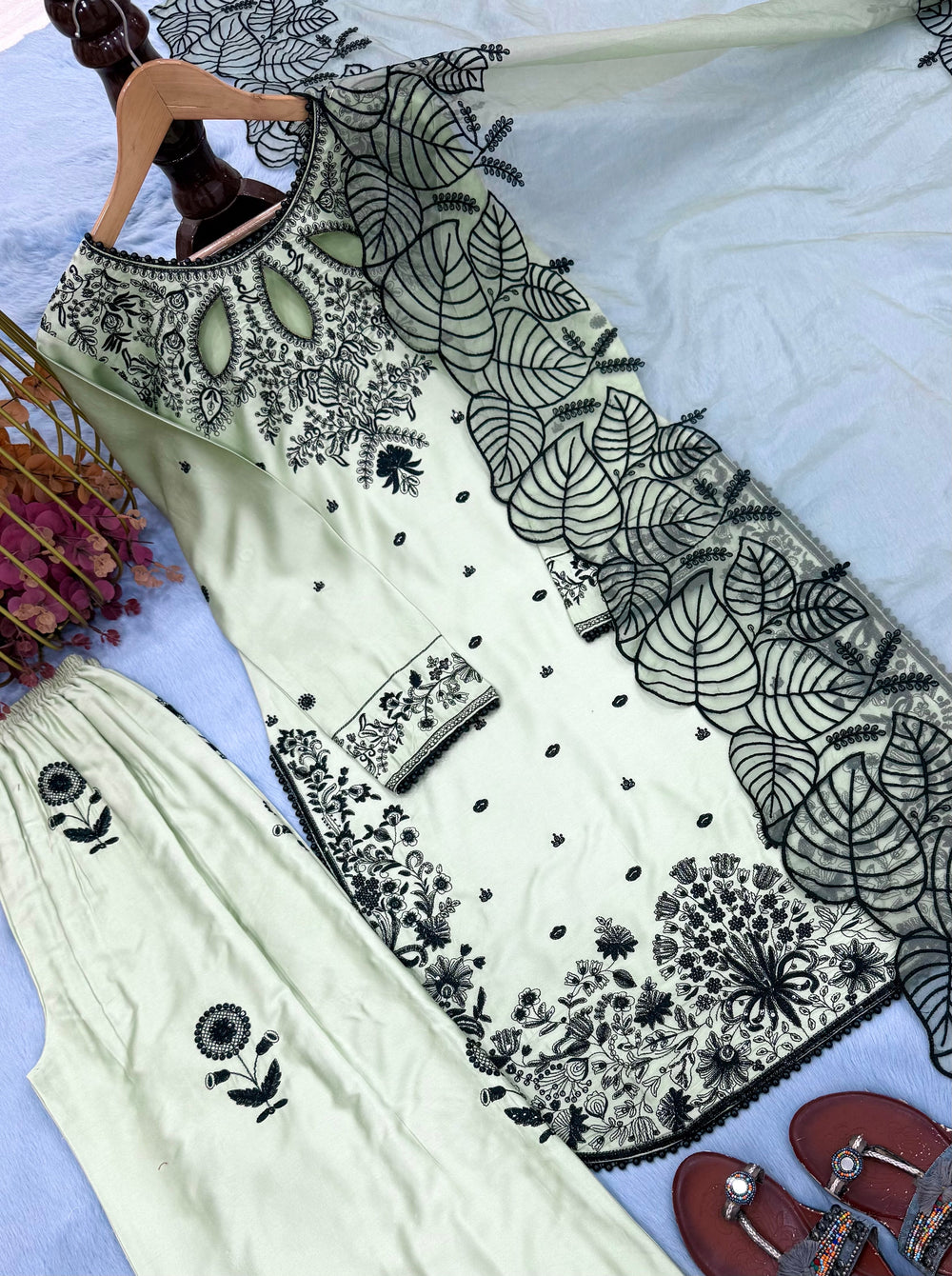 Mint Green Satin Kurta Set with Organza Dupatta, view 5