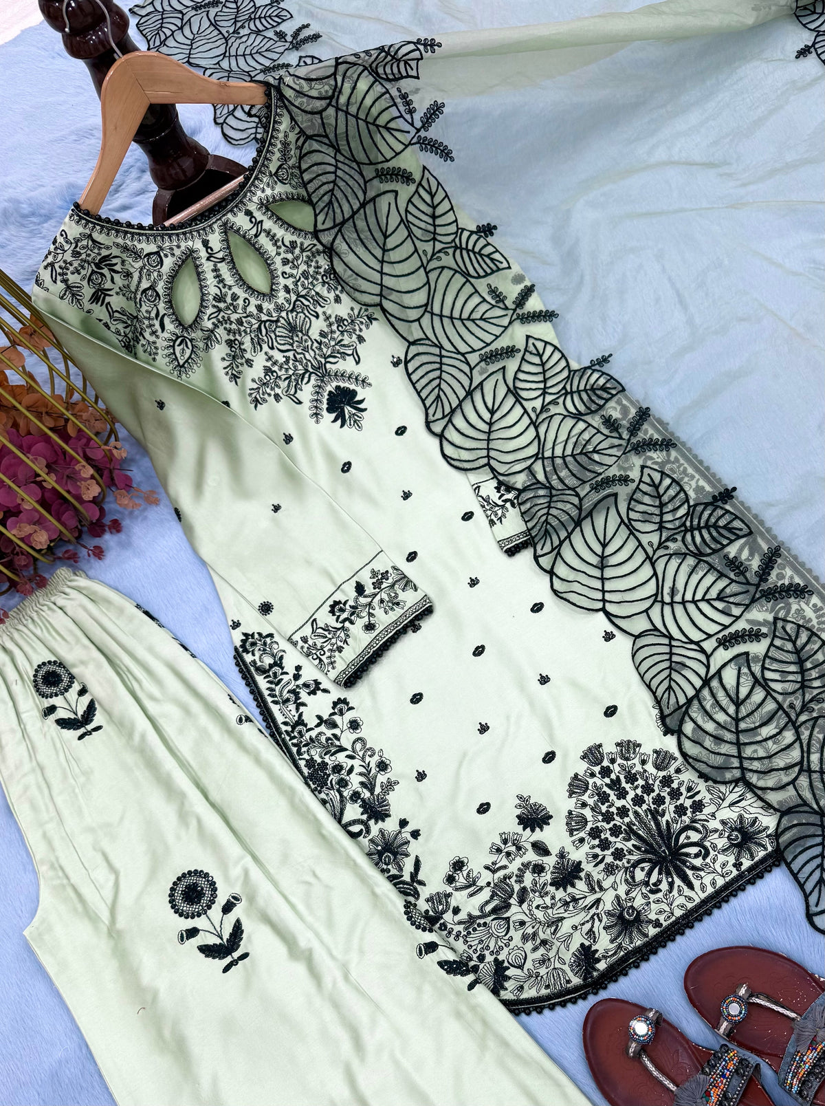 Mint Green Satin Kurta Set with Organza Dupatta, view 5