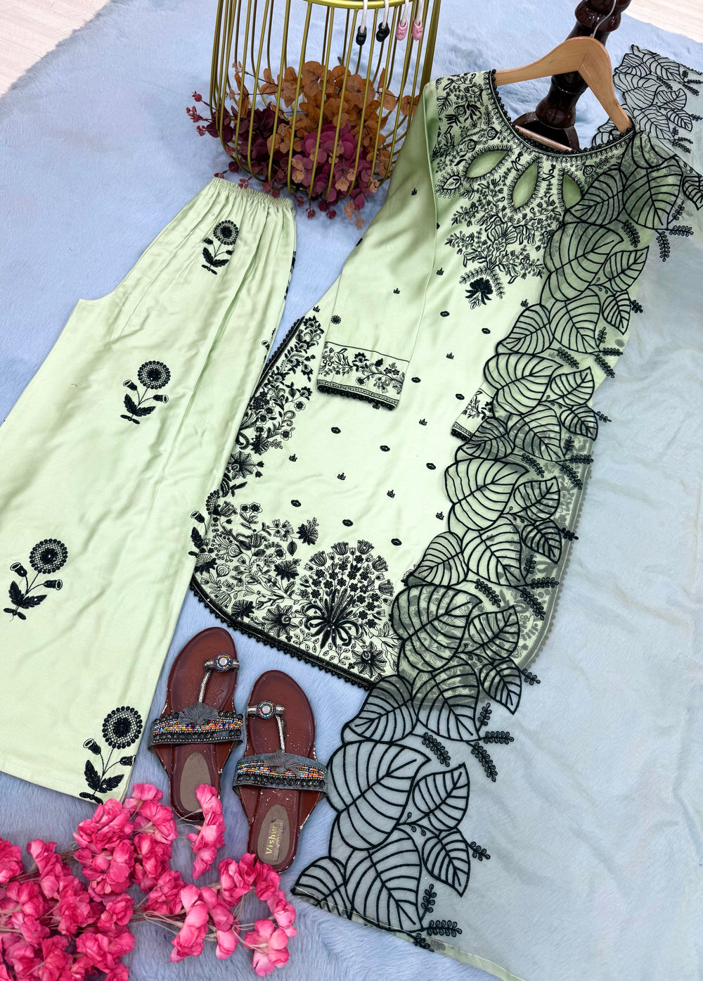 Mint Green Satin Kurta Set with Organza Dupatta, view 6