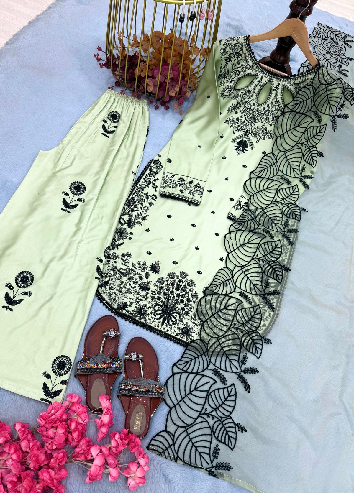 Mint Green Satin Kurta Set with Organza Dupatta, view 6