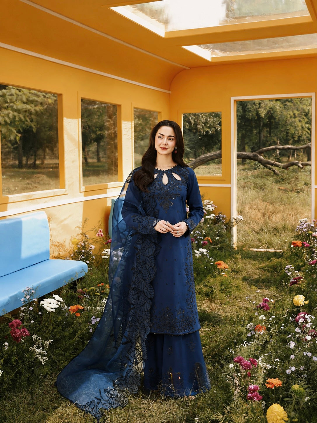 Navy Blue Satin Kurta Set with Organza Dupatta