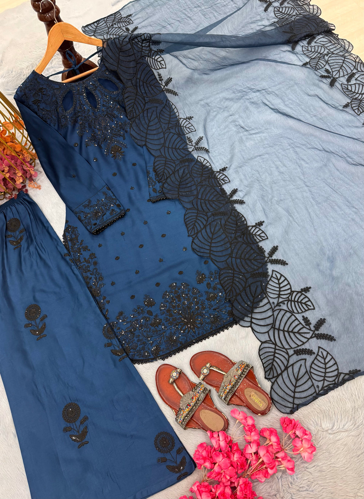 Navy Blue Satin Kurta Set with Organza Dupatta, view 4