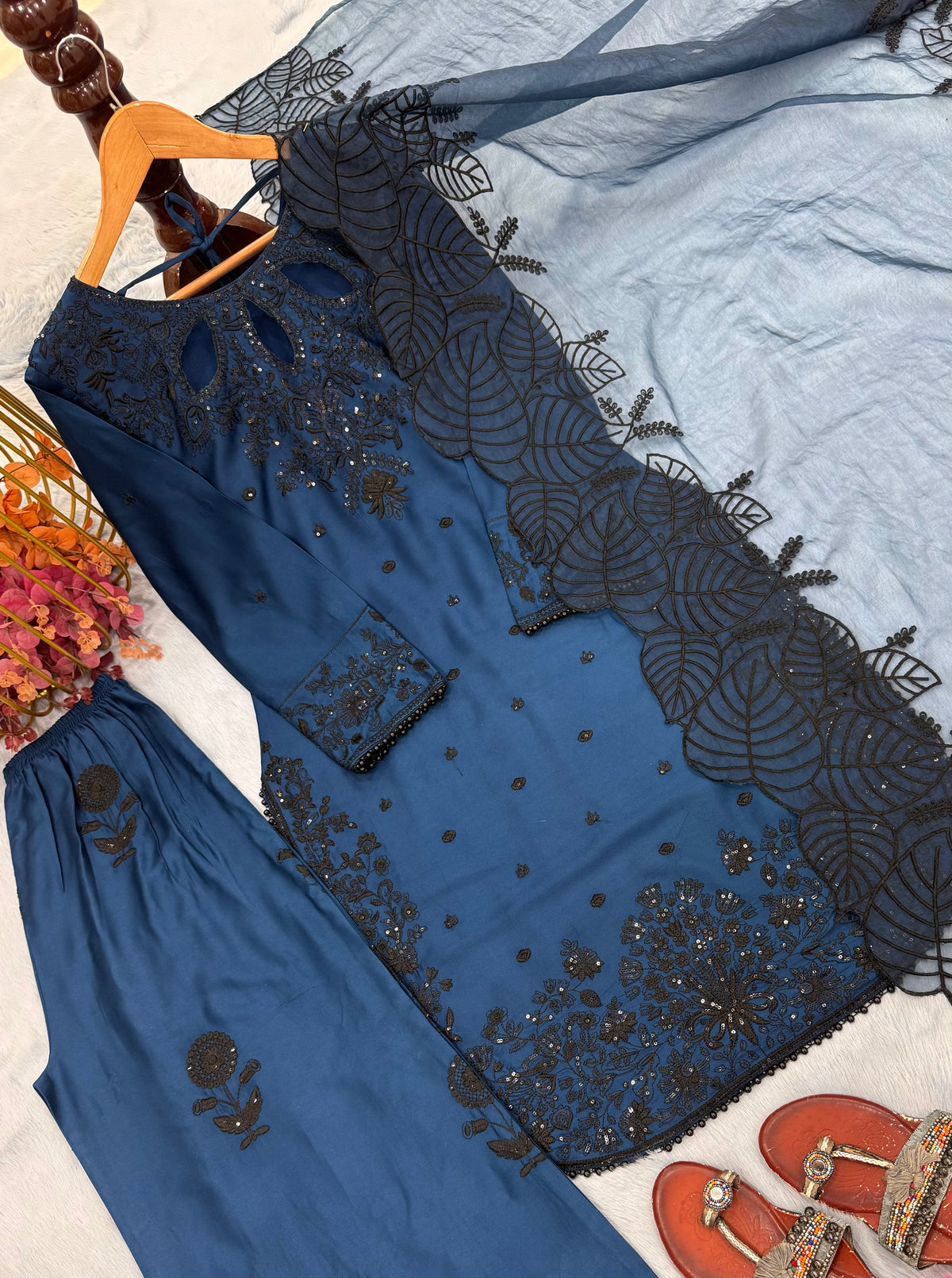 Navy Blue Satin Kurta Set with Organza Dupatta, view 5
