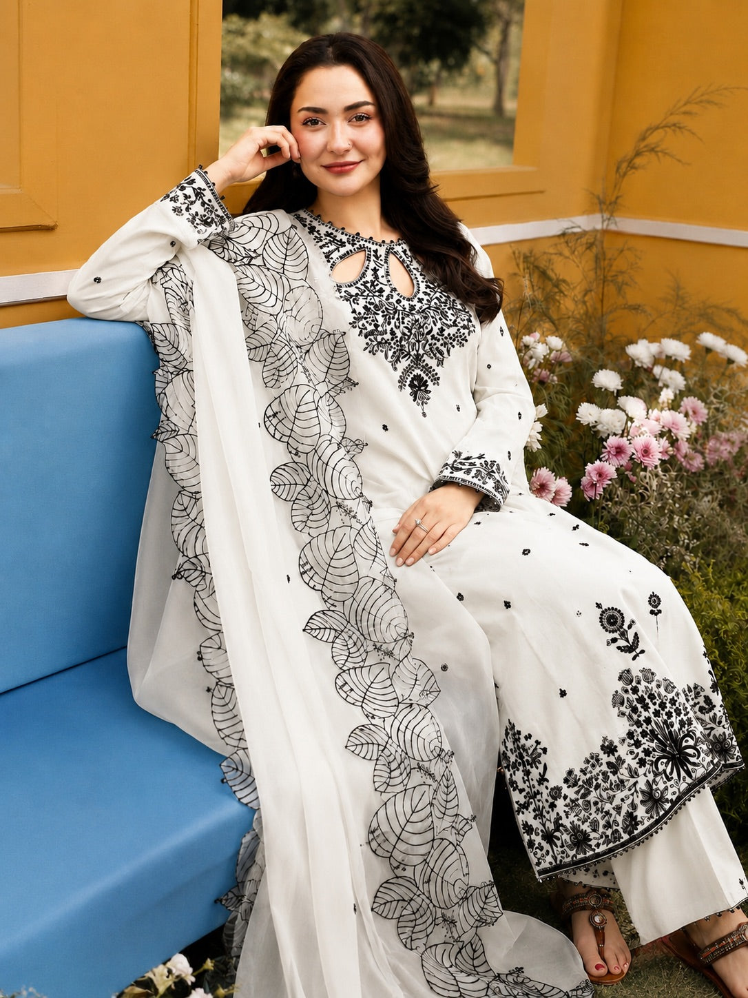 White Satin Kurta Set with Organza Dupatta, view 2