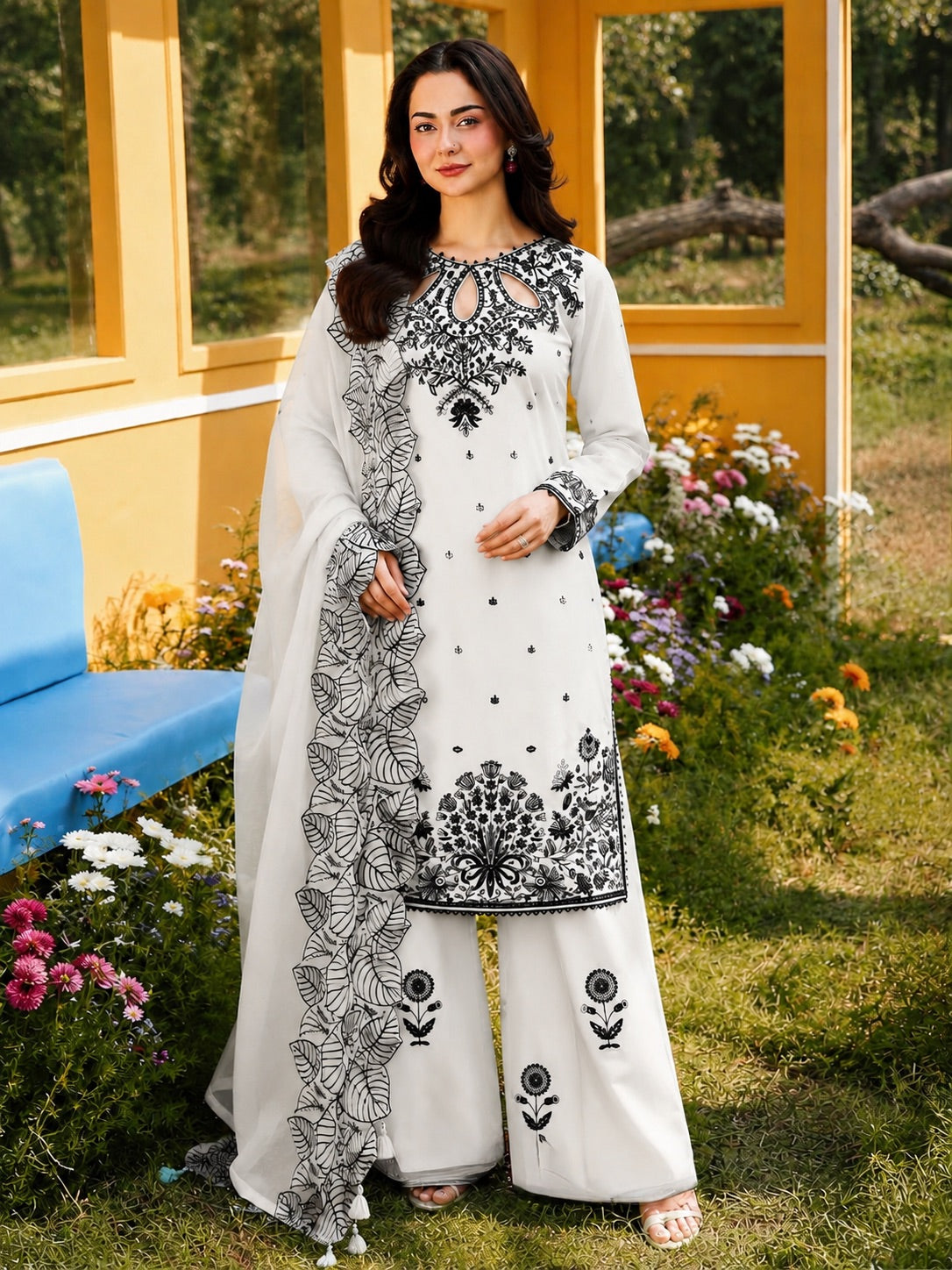 White Satin Kurta Set with Organza Dupatta