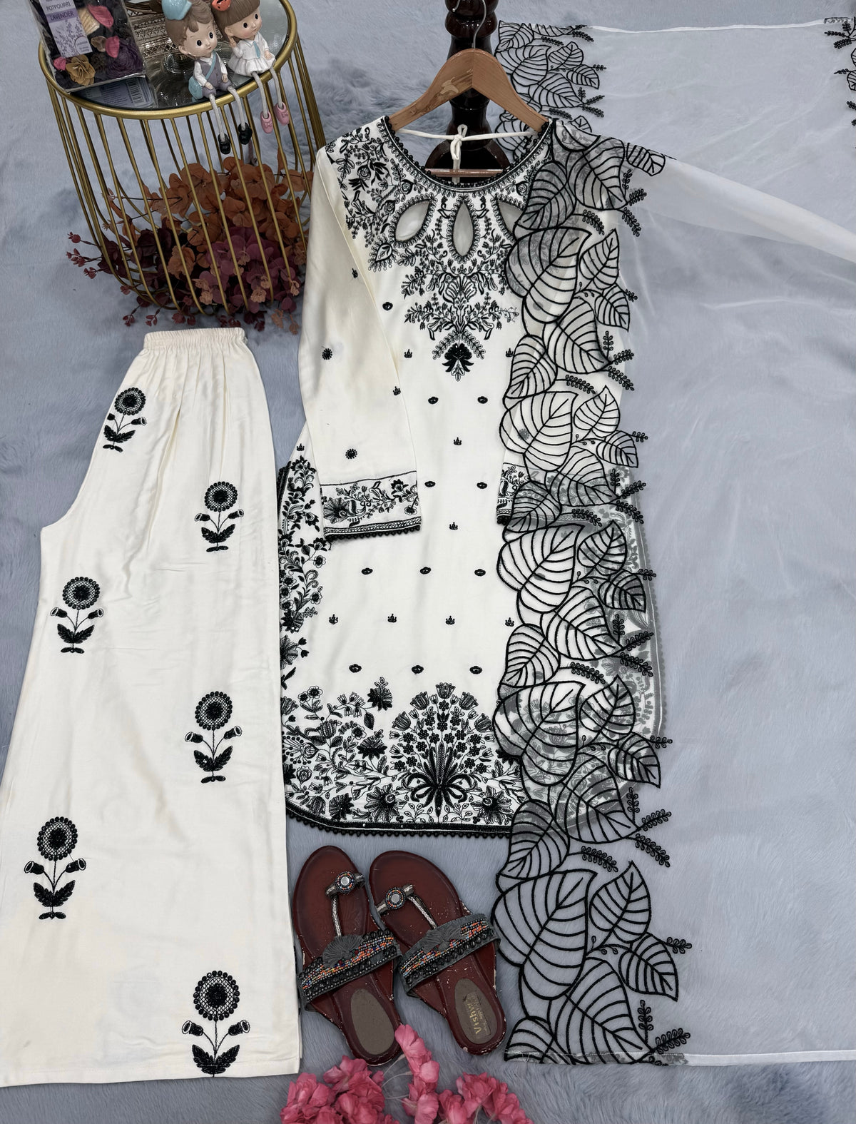 White Satin Kurta Set with Organza Dupatta, view 3