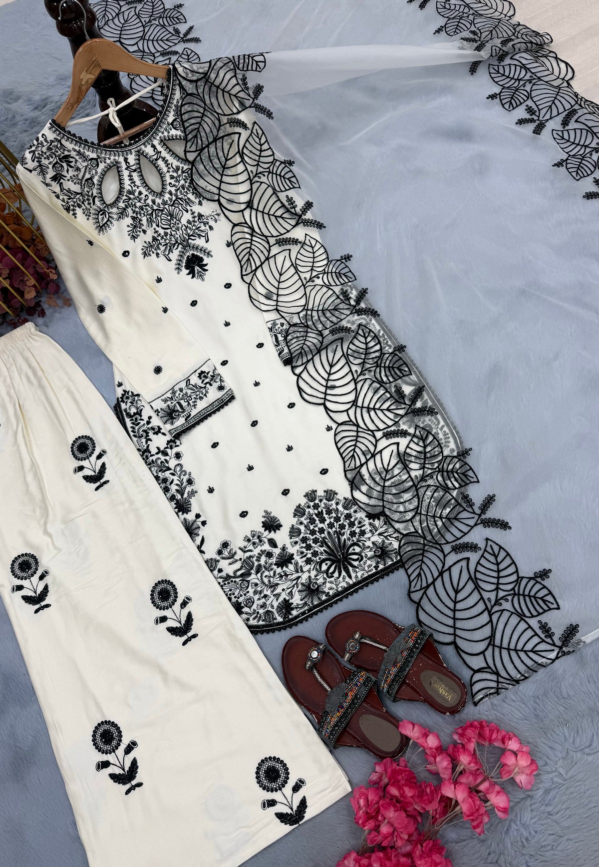 White Satin Kurta Set with Organza Dupatta, view 4