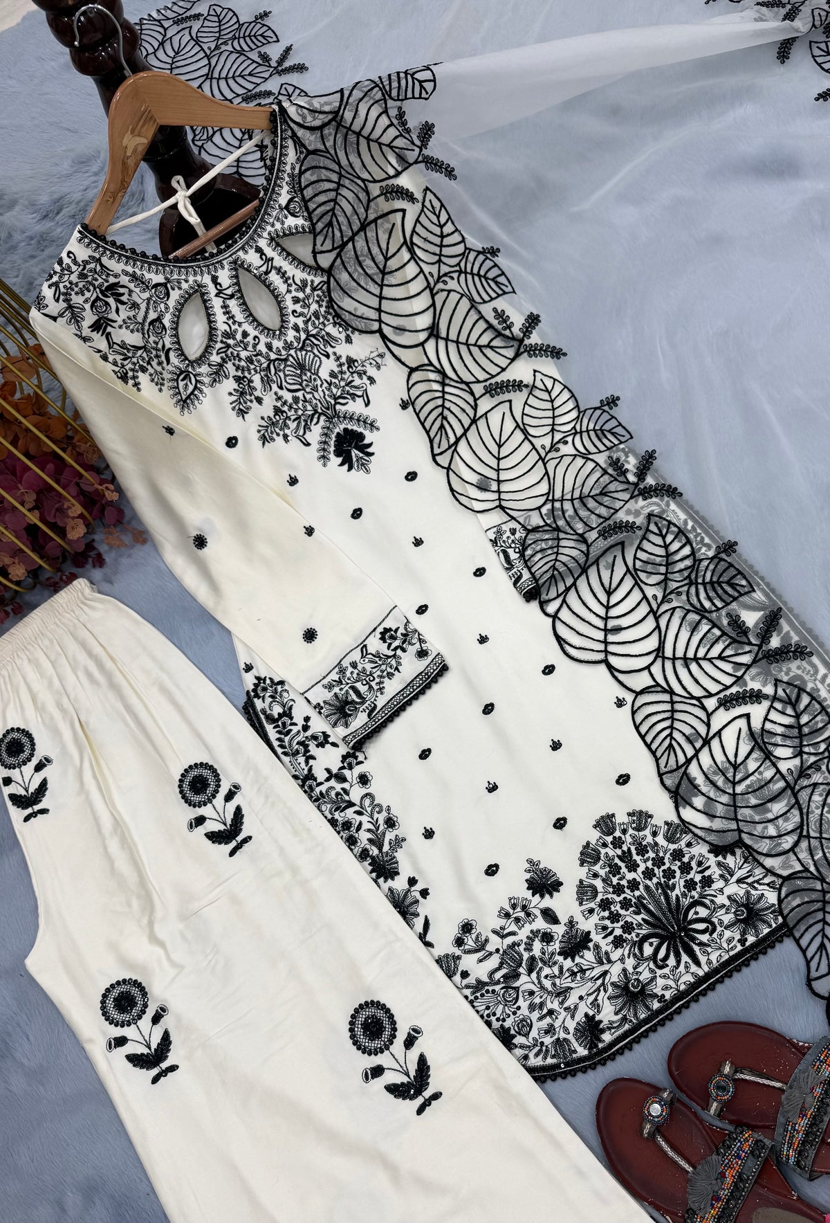 White Satin Kurta Set with Organza Dupatta, view 5