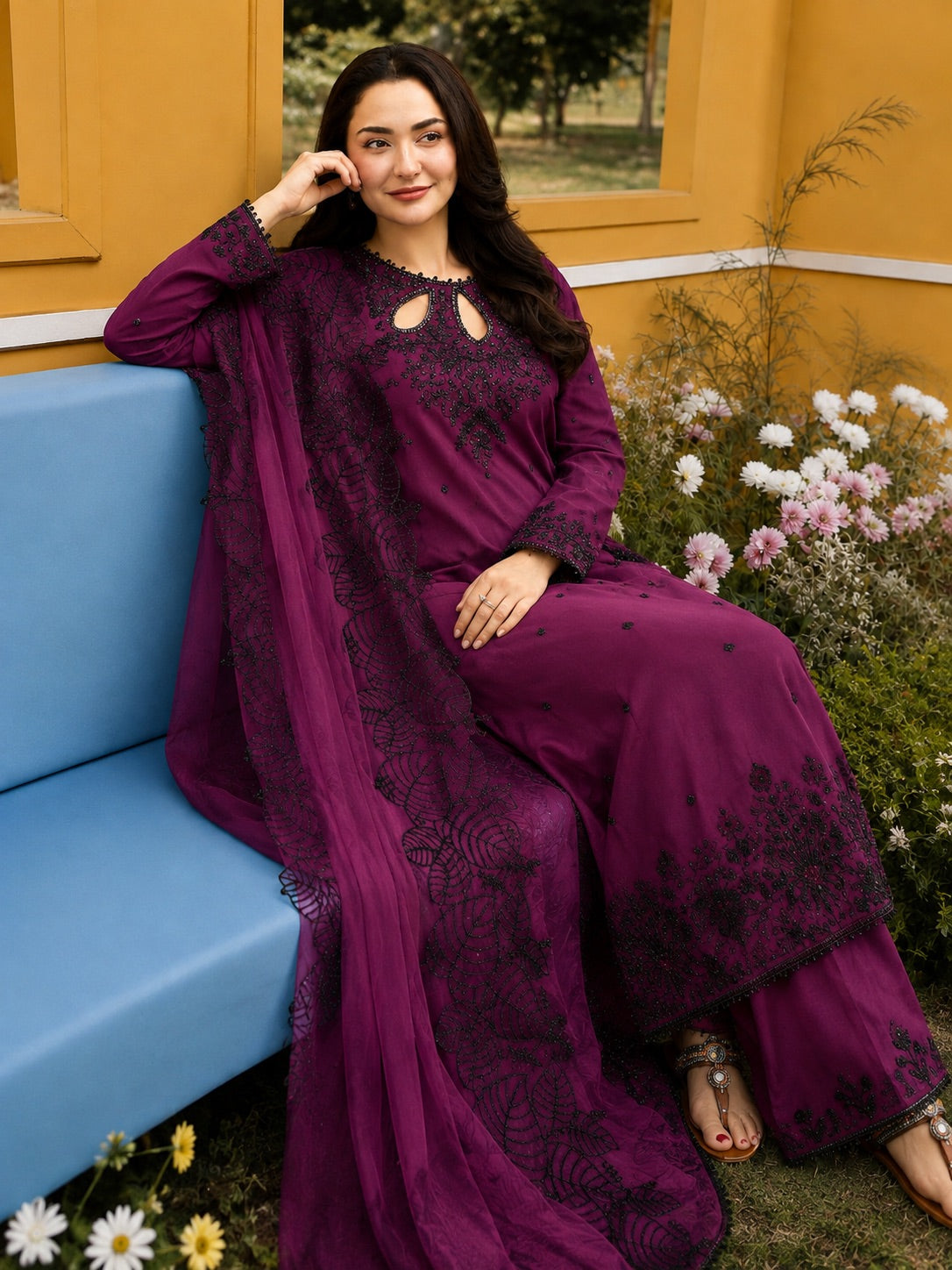 Plum Satin Kurta Set with Organza Dupatta