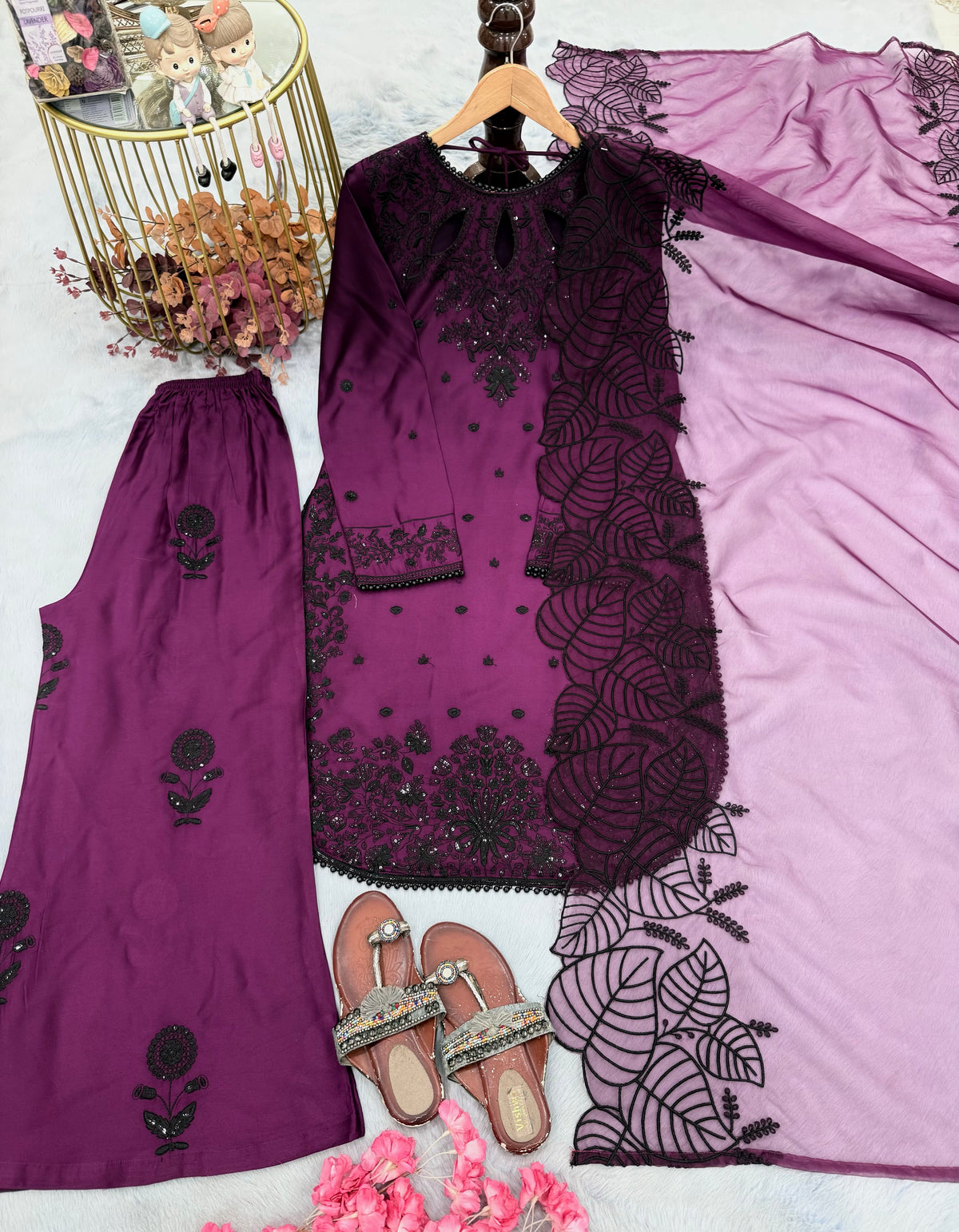 Plum Satin Kurta Set with Organza Dupatta, view 3