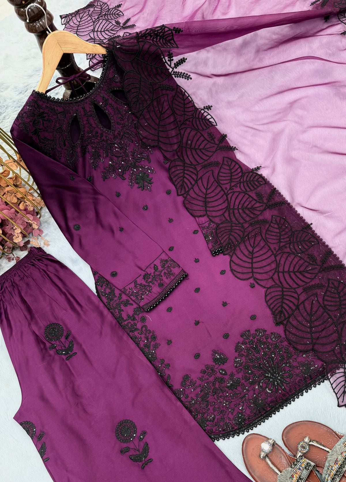 Plum Satin Kurta Set with Organza Dupatta, view 4