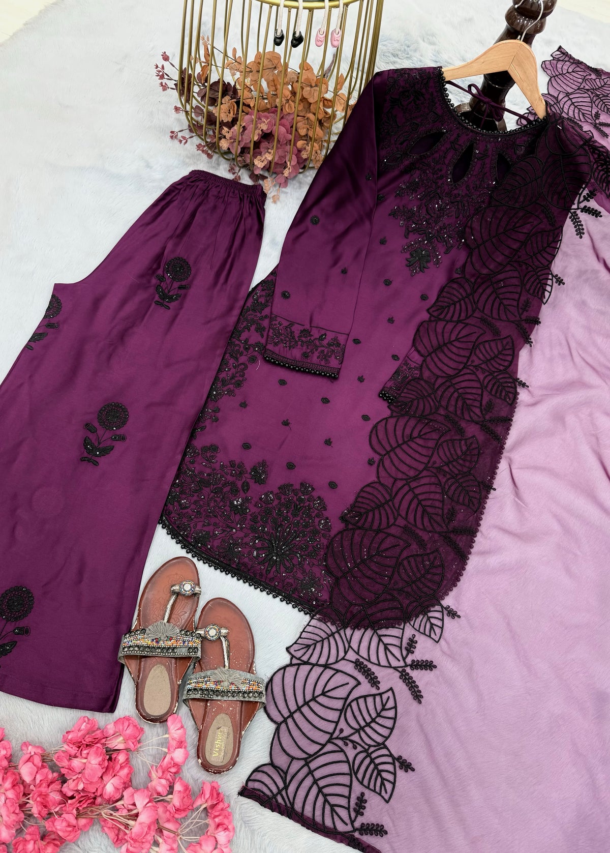 Plum Satin Kurta Set with Organza Dupatta, view 5