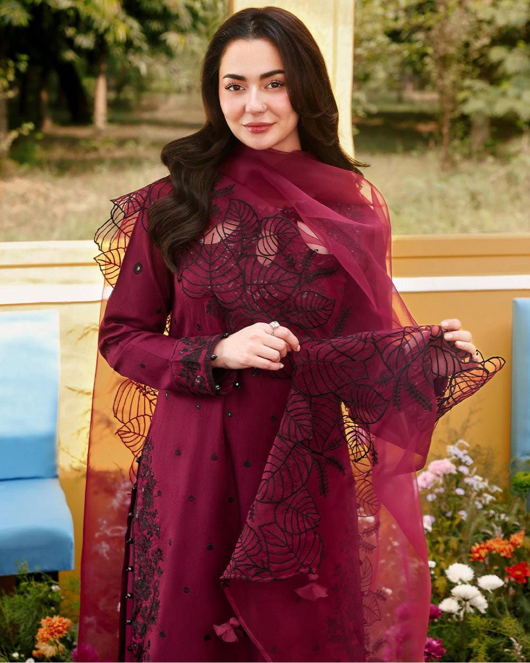 Wine Satin Kurta Set with Organza Dupatta