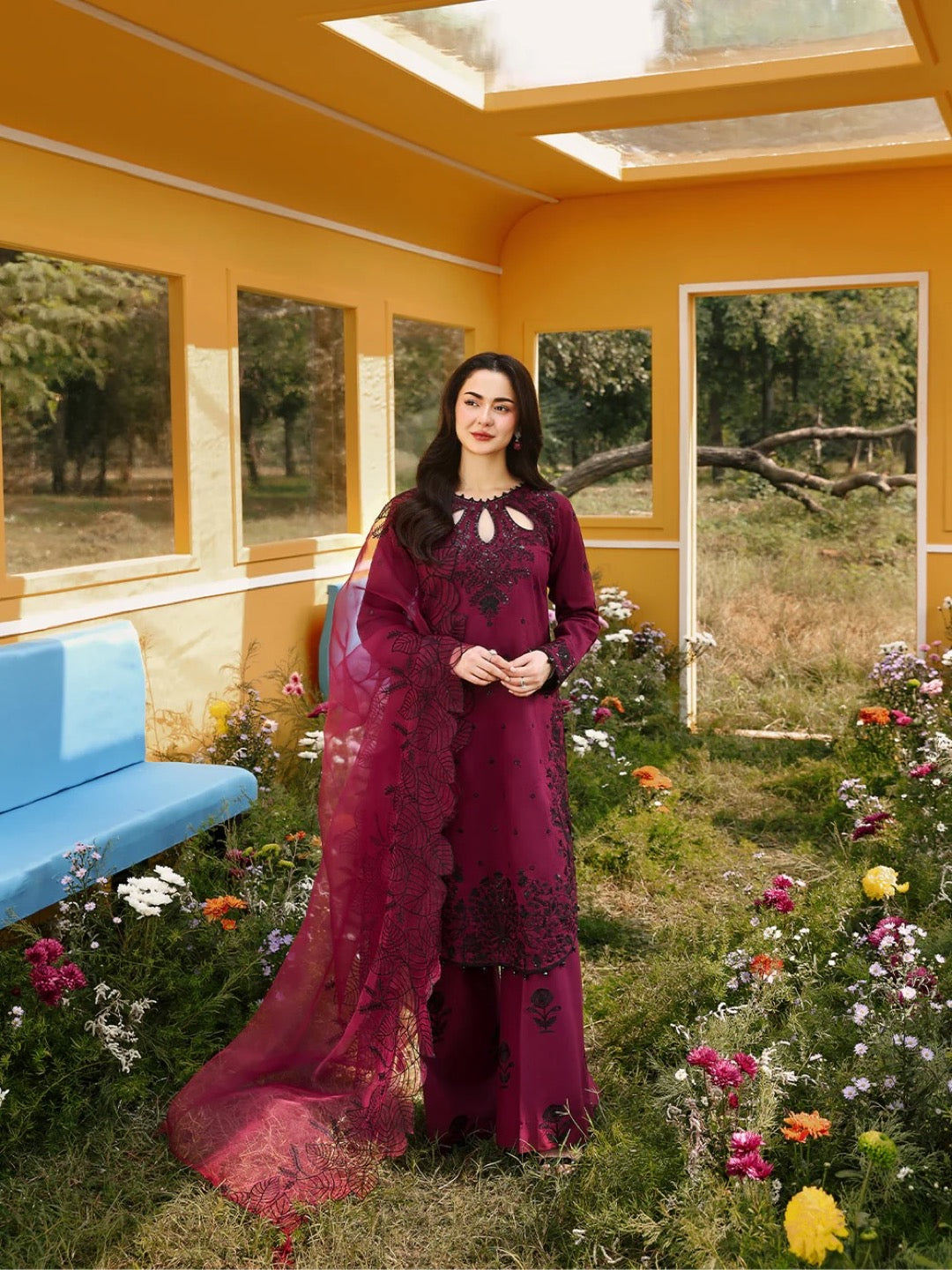 Wine Satin Kurta Set with Organza Dupatta, view 3