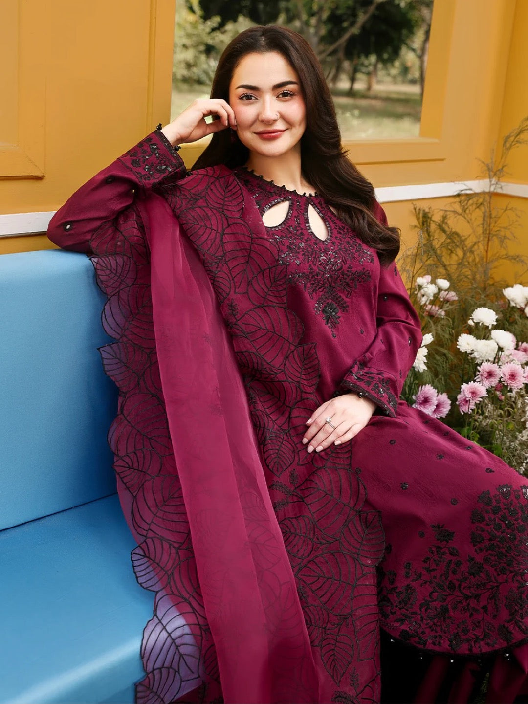 Wine Satin Kurta Set with Organza Dupatta, view 4